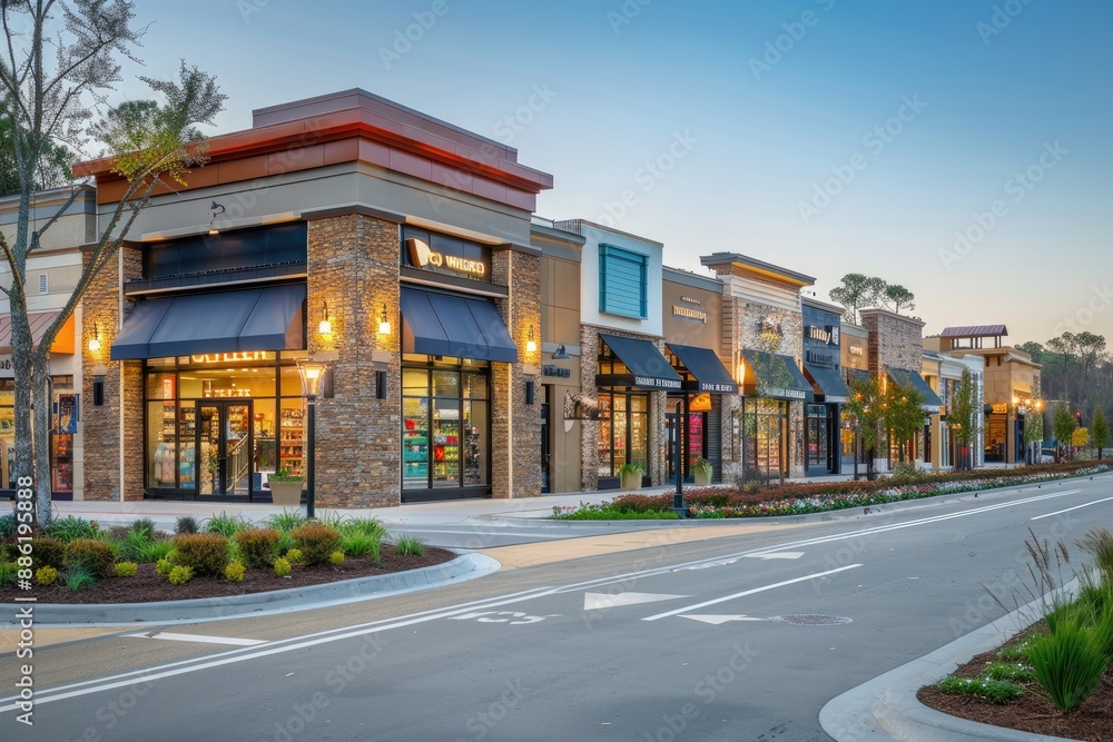 Naklejka premium Modern shopping center with brick facades and large windows at dusk