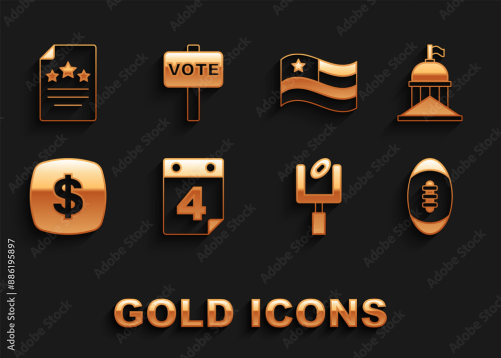 Set Calendar with date July 4, White House, American Football ball, football goal post, Dollar symbol, flag, Declaration of independence and Vote icon. Vector Set Calendar with date July 4, White House, American Football ball, football goal post, Dollar symbol, flag, Declaration of independence and Vote icon. Vector