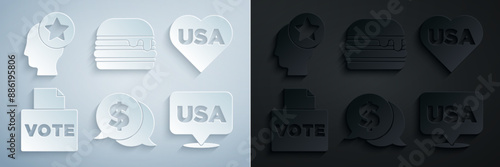 Set Coin money with dollar, USA Independence day, Vote box, Burger and Head icon. Vector