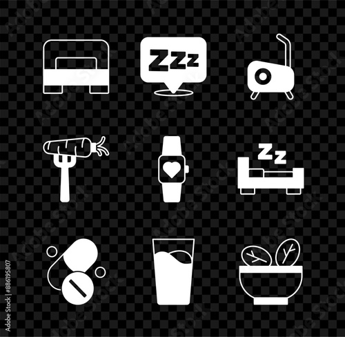 Set Big bed, Sleepy, Stationary bicycle, Vitamin pill, Glass with water, Salad bowl, Carrot fork and Smart watch icon. Vector