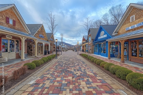 Quaint brick road through a charming village with shops and restaurants photo