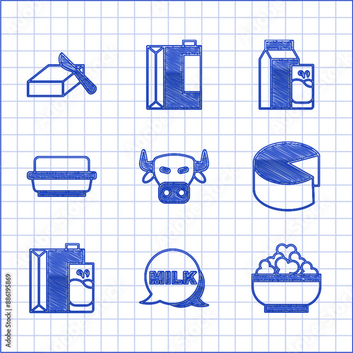 Set Cow head, Lettering milk, Cottage cheese, Cheese, Paper package for, Butter butter dish, kefir and icon. Vector