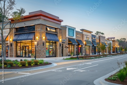 Modern shopping center with brick facades and large windows at dusk © NikahGeh