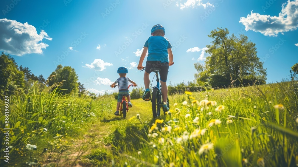 Two Children Biking on a Sunny Day Through a Beautiful Green Meadow Two Children Biking on a Sunny Day Through a Beautiful Green Meadow