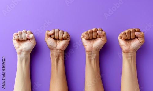 Diverse Raised Fists Against Purple Background - Unity and Empowerment