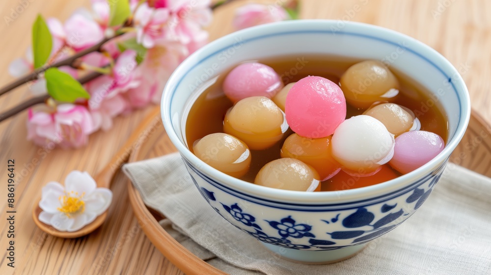 Black Sesame Dumplings in Ginger Syrup, Colorful Bua Loy Nam Khing in Ginger Syrup. Traditional Thai dessert and cuisine concepts. Black Sesame Dumplings in Ginger Syrup, Colorful Bua Loy Nam Khing in Ginger Syrup. Traditional Thai dessert and cuisine concepts.