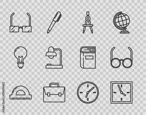 Set line Protractor grid for measuring degrees, Clock, Drawing compass, Briefcase, Glasses, Table lamp, and icon. Vector