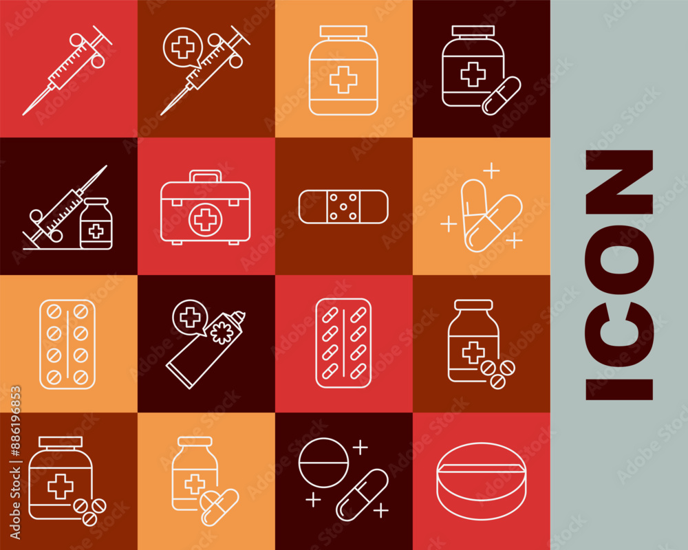 Set line Medicine pill or tablet, bottle and pills, First aid kit, Medical syringe with needle vial ampoule, Syringe and Bandage plaster icon. Vector Set line Medicine pill or tablet, bottle and pills, First aid kit, Medical syringe with needle vial ampoule, Syringe and Bandage plaster icon. Vector