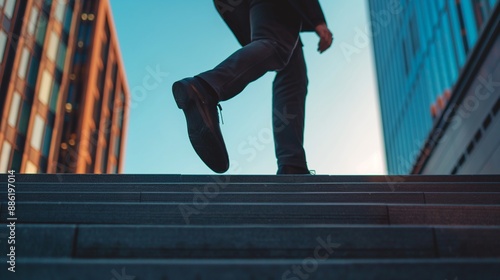 Silhouette of a business person ascending steps, representing ambition and growth.