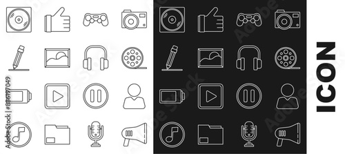 Set line Megaphone, Add to friend, Film reel, Gamepad, Picture landscape, Pencil with eraser, Vinyl disk and Headphones icon. Vector