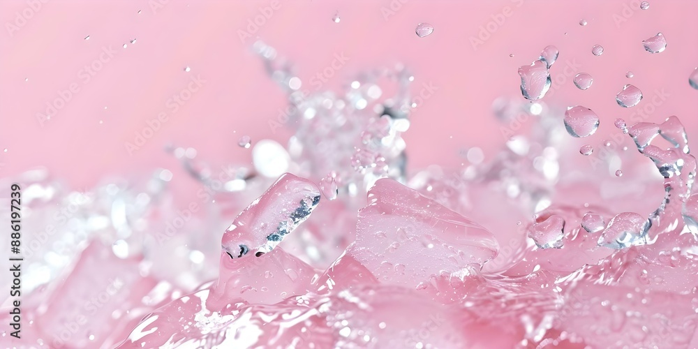 Mockup design for cosmetic product with pink background, ice crystals, and water splashes. Concept Cosmetic Mockup Design, Pink Background, Ice Crystals, Water Splashes Mockup design for cosmetic product with pink background, ice crystals, and water splashes. Concept Cosmetic Mockup Design, Pink Background, Ice Crystals, Water Splashes