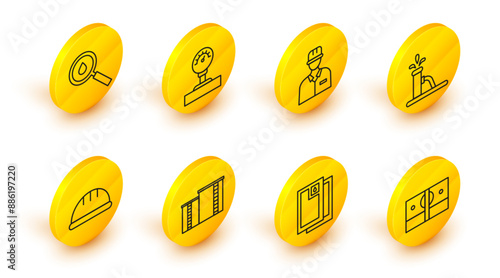 Set line Stacks paper money cash, Barrel oil, Oil industrial factory building, Worker safety helmet, pump pump jack, Oilman, Gauge scale and drop icon. Vector