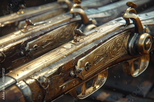 Close-Up of Vintage Flintlock Rifles