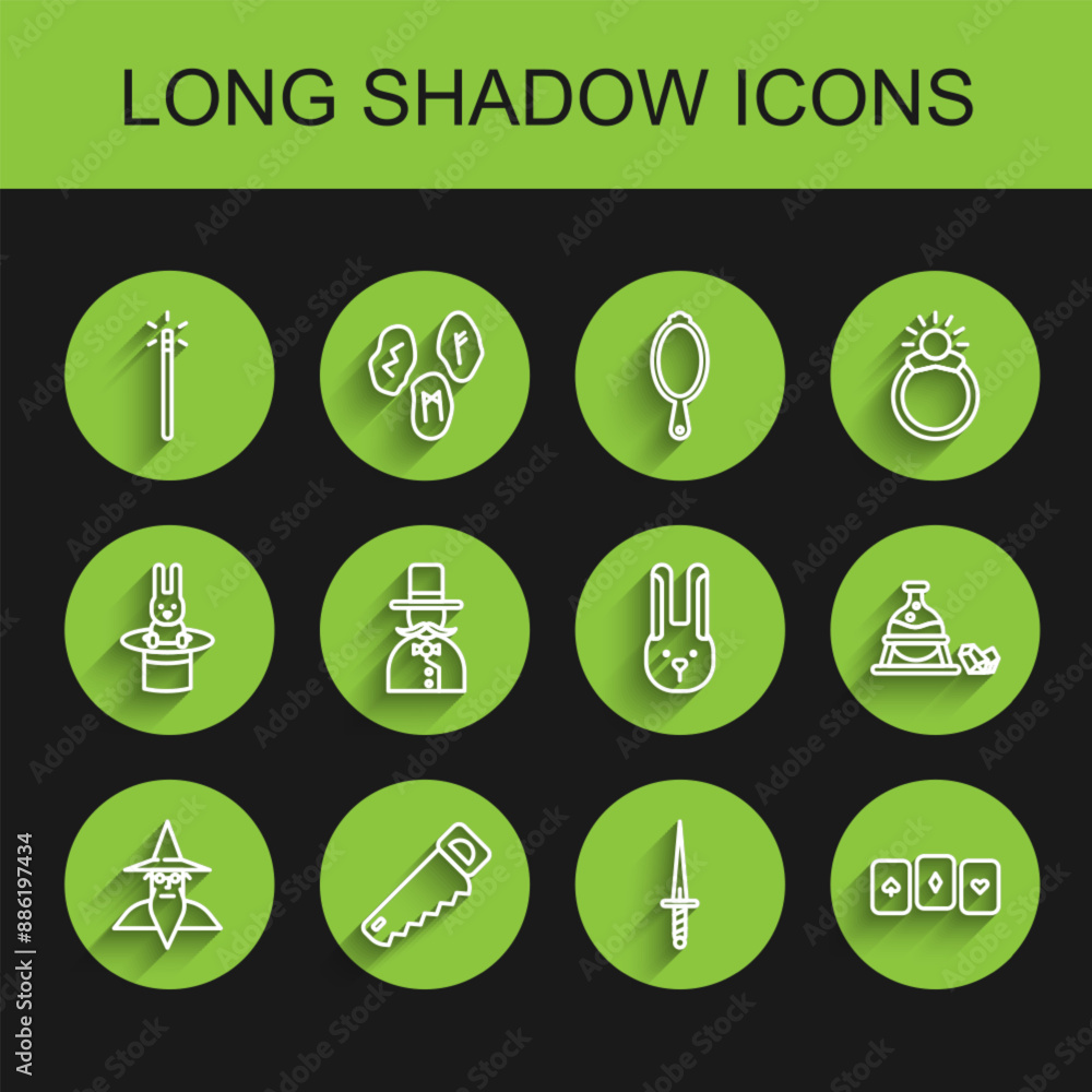 Set line Wizard warlock, Hand saw, Magic wand, Dagger, Playing cards, Magician, Witch cauldron magic stone and Rabbit with ears icon. Vector Set line Wizard warlock, Hand saw, Magic wand, Dagger, Playing cards, Magician, Witch cauldron magic stone and Rabbit with ears icon. Vector