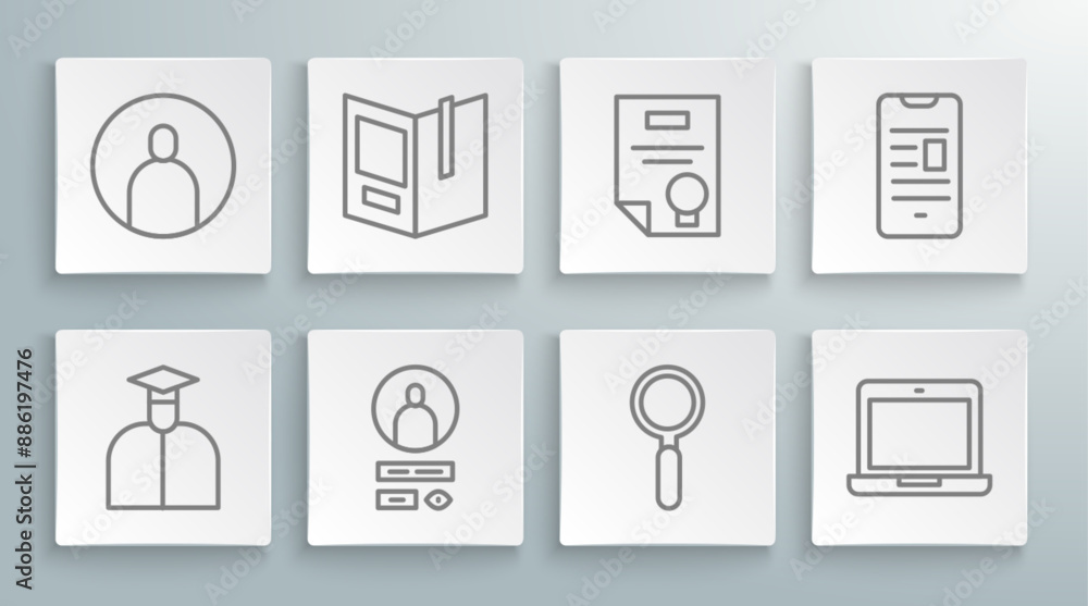 Set line Student, Open book, Create account screen, Magnifying glass, Laptop, Certificate template, Online on mobile and icon. Vector Set line Student, Open book, Create account screen, Magnifying glass, Laptop, Certificate template, Online on mobile and icon. Vector