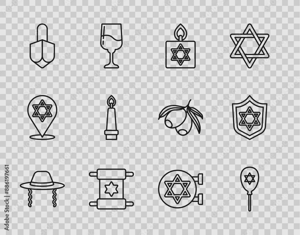 Set line Orthodox jewish hat, Balloon with star of david, Burning candle, Torah scroll, Hanukkah dreidel, Jewish synagogue and Shield Star David icon. Vector Set line Orthodox jewish hat, Balloon with star of david, Burning candle, Torah scroll, Hanukkah dreidel, Jewish synagogue and Shield Star David icon. Vector