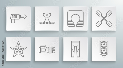 Set line Starfish, Whale tail in ocean wave, Flashlight, Wetsuit, Gauge scale, Life jacket, Paddle and Fishing harpoon icon. Vector