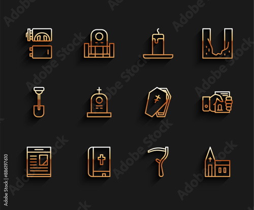 Set line Obituaries, Holy bible book, Crematorium, Scythe, Church building, Grave with tombstone, Death certificate hand and Coffin cross icon. Vector