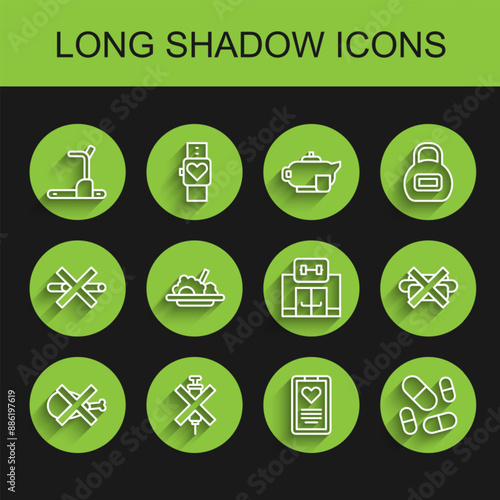Set line No meat, doping syringe, Treadmill machine, Medical clipboard, Vitamin pill, Healthy food, junk and Gym building icon. Vector