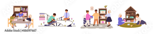 Happy kids play games together set. Children drawing on table. Friends catch, throw ball. Little girls, boys have fun with toys, dolls, trains. Flat isolated vector illustrations on white background