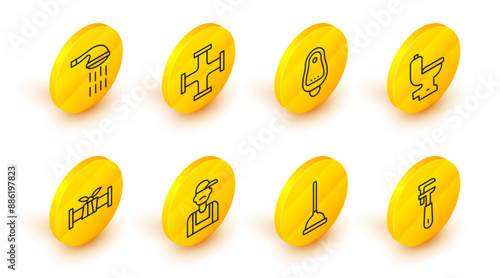 Set line Pipe adjustable wrench, Rubber plunger, Plumber, Industry metallic pipe, Toilet bowl, urinal or pissoir, and Shower icon. Vector