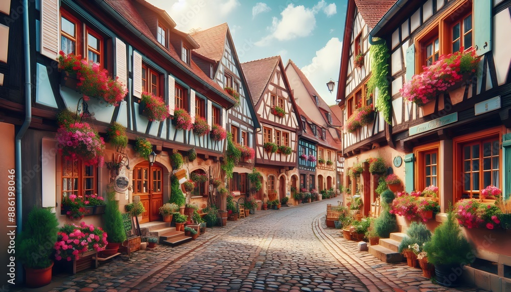Naklejka premium A quaint European village with cobblestone streets and flower-filled windows.