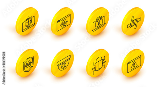 Set line Browser with exclamation mark, System bug, Security camera, Incognito mode, Barbed wire, Laptop and lock, incognito window and protected shield icon. Vector