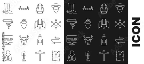 Set line Wanted western poster, Smoking pipe, Hexagram sheriff, Camping lantern, Cowboy bandana, Lasso, boot and Gold bars icon. Vector