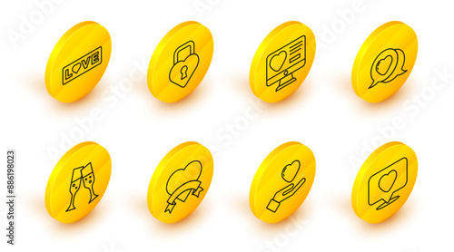 Set line Like and heart, Heart in hand, Glass of champagne, speech bubble, Dating app online, Castle the shape and Love text icon. Vector