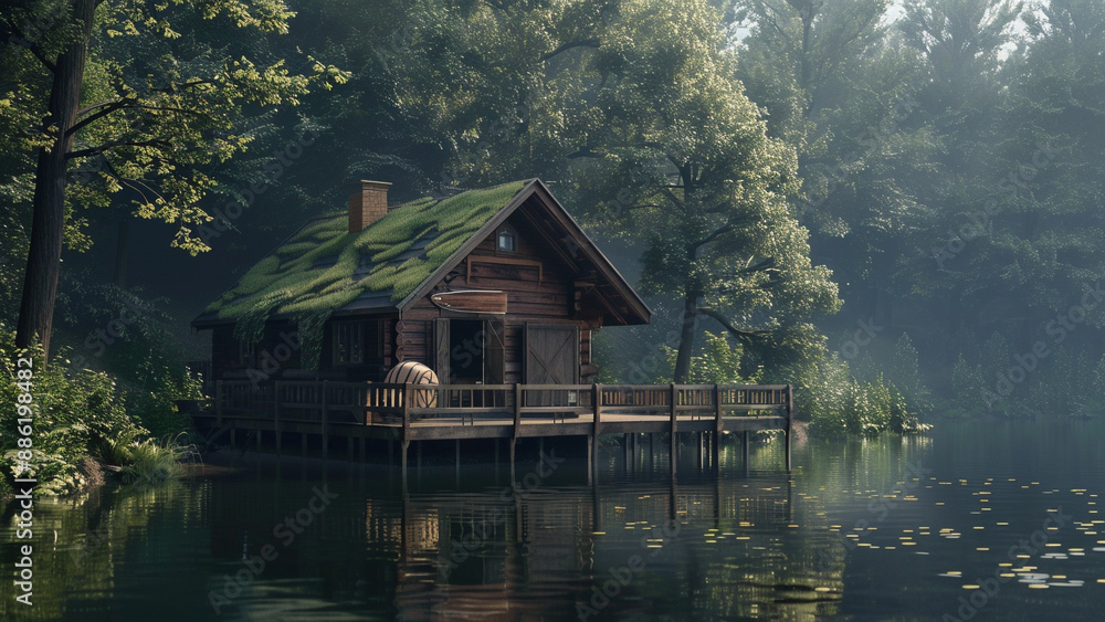 Fototapeta premium realistic high-resolution photo of cabin, with detailed background