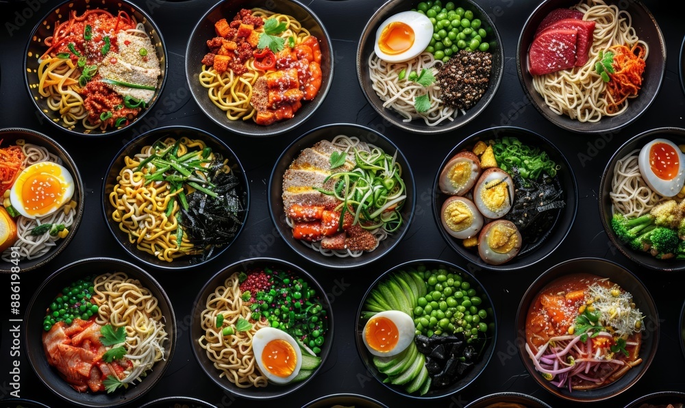 Assorted Vibrant Bowls of Noodle Dishes in Black Plates Assorted Vibrant Bowls of Noodle Dishes in Black Plates
