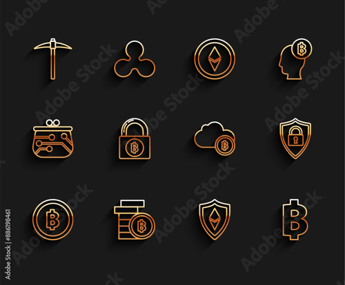 Set line Cryptocurrency coin Bitcoin, Pickaxe, Shield Ethereum ETH, Lock with bitcoin, security lock and cloud mining icon. Vector