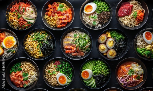 Assorted Vibrant Bowls of Noodle Dishes in Black Plates © Vlad
