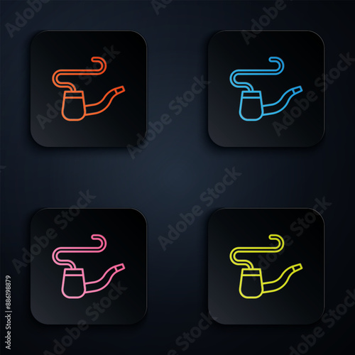 Color neon line Smoking pipe with smoke icon isolated on black background. Tobacco pipe. Set icons in square buttons. Vector