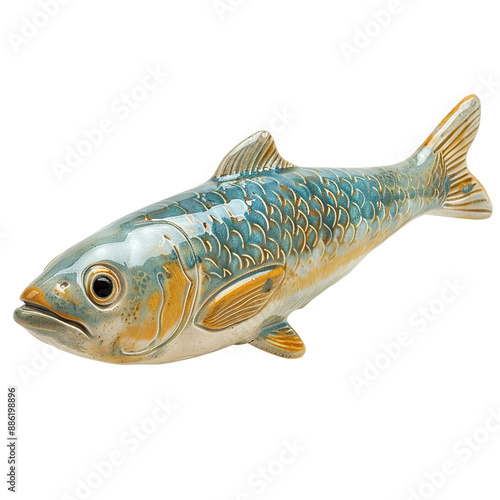 Angled view of a ceramic pilchard fish figurine swimming in mid air isolated on a white transparent background