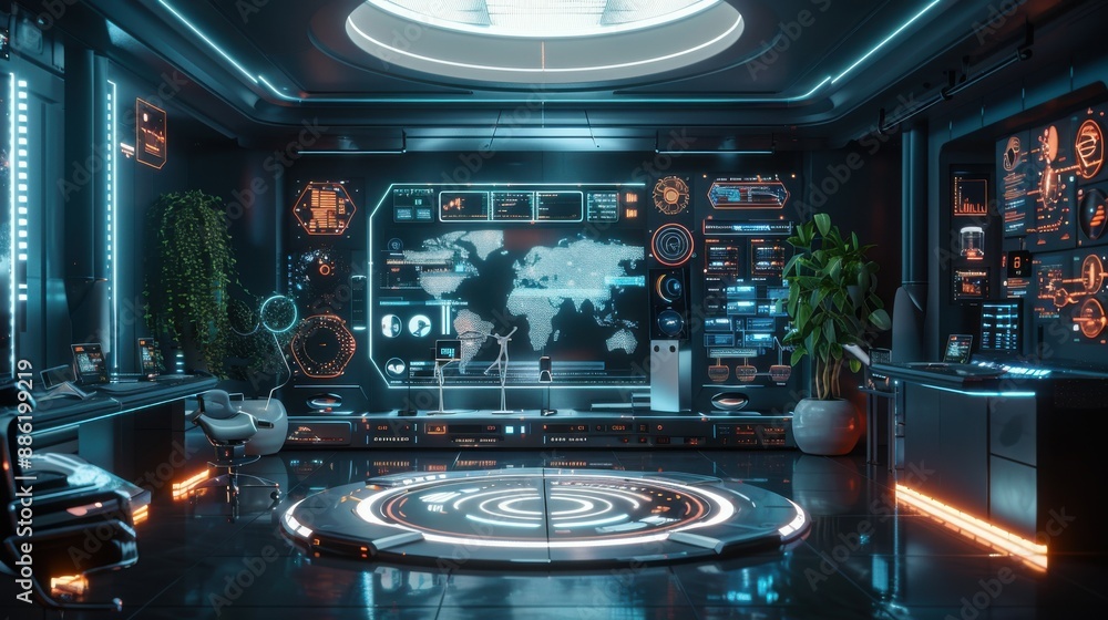 A futuristic 3D rendering of an AI smart home, showcasing interconnected devices like smart speakers, lights, and security systems. The environment is sleek and modern, with a central control panel A futuristic 3D rendering of an AI smart home, showcasing interconnected devices like smart speakers, lights, and security systems. The environment is sleek and modern, with a central control panel
