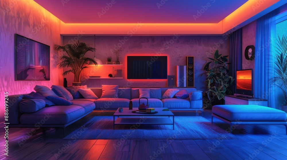 An illustration of a cutting-edge AI-powered living room, where virtual assistants manage home appliances seamlessly. The scene includes voice-activated controls for temperature, lighting, and