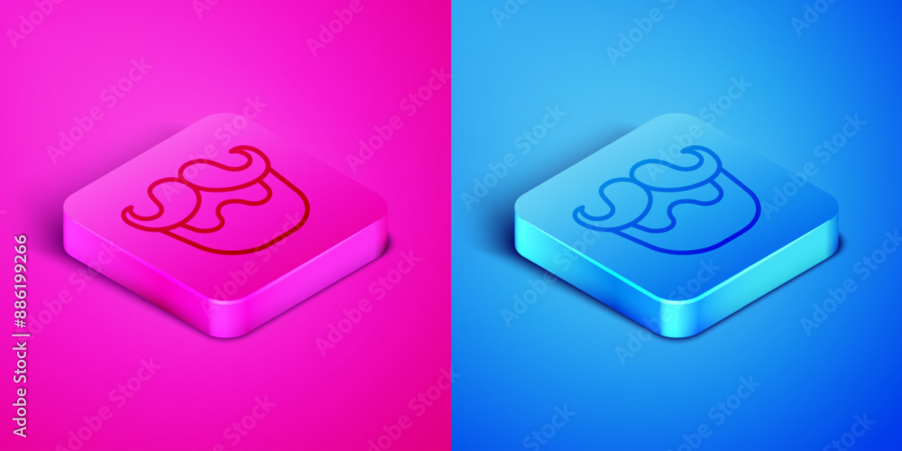 Isometric line Mustache and beard icon isolated on pink and blue background. Barbershop symbol. Facial hair style. Square button. Vector Isometric line Mustache and beard icon isolated on pink and blue background. Barbershop symbol. Facial hair style. Square button. Vector