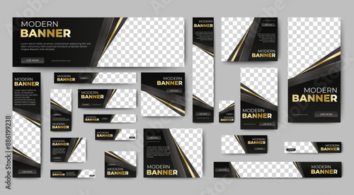 Black and gold web ad banner template with photo place. luxury banner. vector