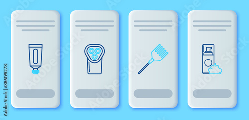 Set line Electrical hair clipper or shaver, Hairbrush, Cream lotion cosmetic tube and Shaving gel foam icon. Vector