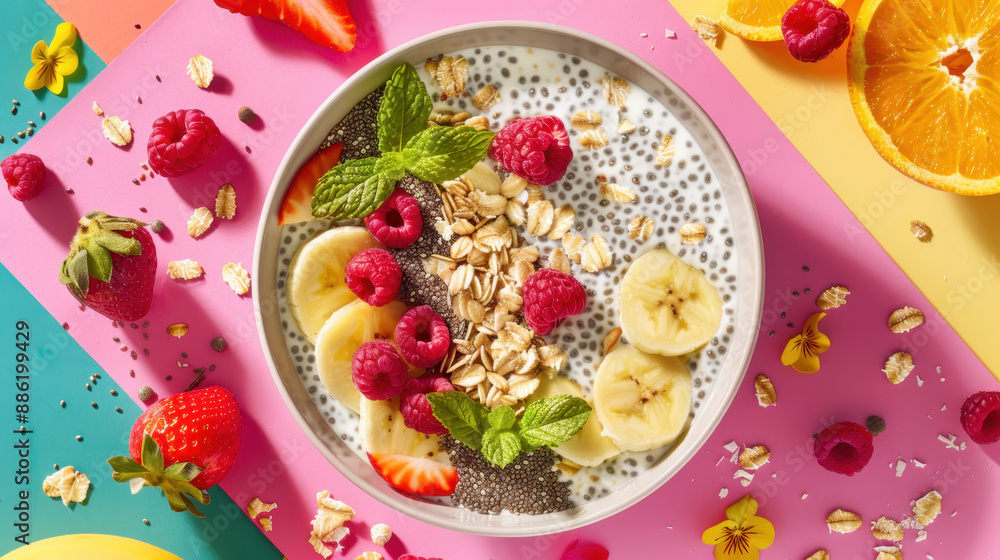 Healthy chia seed pudding with banana, raspberry, strawberry, orange slices, oats, and mint leaves on colorful background Healthy chia seed pudding with banana, raspberry, strawberry, orange slices, oats, and mint leaves on colorful background