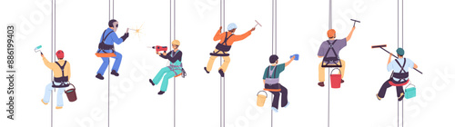Group of industrial alpinists works at height. Workers with safety ropes clean window. Professional climbers with equipment, tools hanging on harness. Flat vector illustrations isolated on white