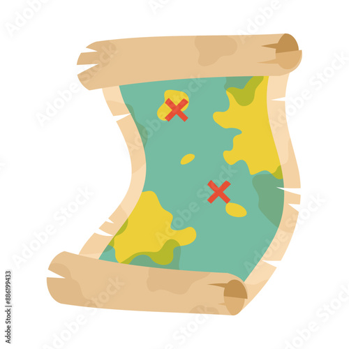 古い羊皮紙に描かれた宝の地図。フラットなベクターイラスト。
Treasure map drawn on old parchment. Flat vector illustration.