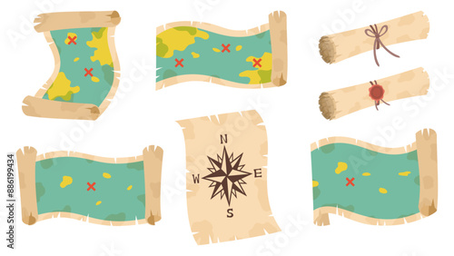 古い羊皮紙に描かれた宝の地図。フラットなベクターイラストセット。
Treasure maps drawn on old parchment. Flat vector illustration set.