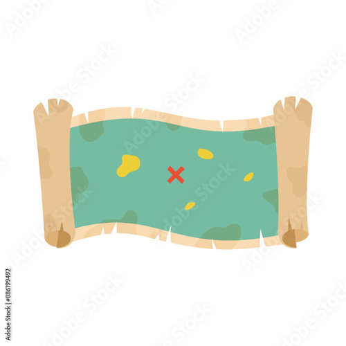 古い羊皮紙に描かれた宝の地図。フラットなベクターイラスト。
Treasure map drawn on old parchment. Flat vector illustration.