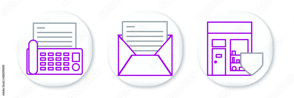 Set line Shopping building with shield, Fax machine and Mail and e-mail icon. Vector Set line Shopping building with shield, Fax machine and Mail and e-mail icon. Vector