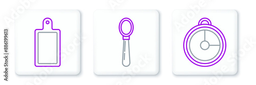 Set line Kitchen timer, Cutting board and Spoon icon. Vector