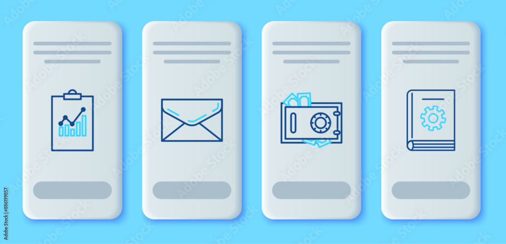 Set line Envelope, Safe and money, Clipboard with graph chart and User manual icon. Vector Set line Envelope, Safe and money, Clipboard with graph chart and User manual icon. Vector
