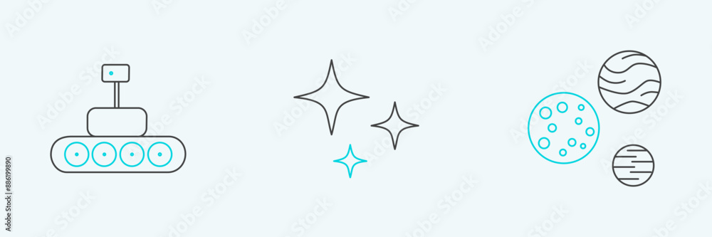 Set line Planet, Mars rover and Falling star icon. Vector Set line Planet, Mars rover and Falling star icon. Vector
