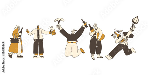 Beer lovers people kit. Doodle characters with alcohol drinks. Vector hand drawn collection illustration isolated on white background.